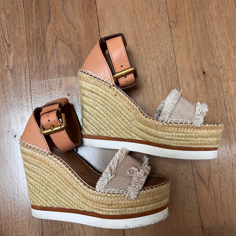 See By Chloe Tan and Cream Wedge Sandals